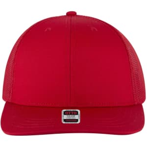 A red 6 panel mid profile trucker cap with a mesh back and a small branding label on the front.