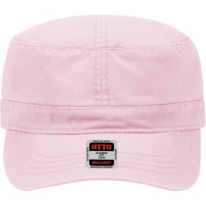A pink military-style hat with a foldable brim and a logo on the front.
