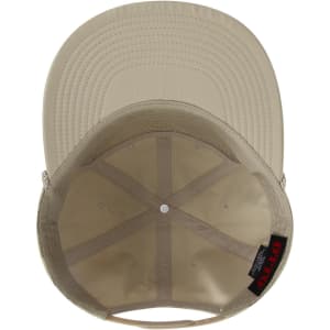 A beige five-panel snapback cap with a structured design and a logo on the inside band.