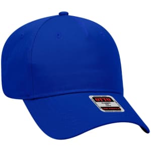 A blue 5 panel low profile baseball cap with a logo on the front.