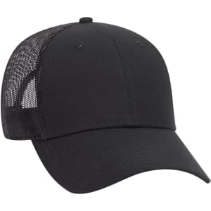 A black 6 panel low profile trucker cap with a mesh back and a logo on the front.