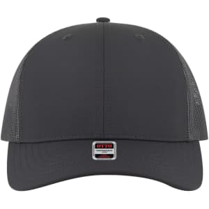 A mid profile trucker cap in grey with a mesh back and a small logo at the front.