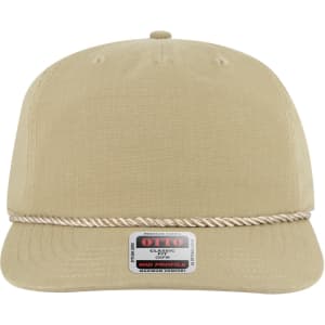 A beige 5 Panel Mid Profile Baseball Hat with a decorative rope detailing and a logo on the front.