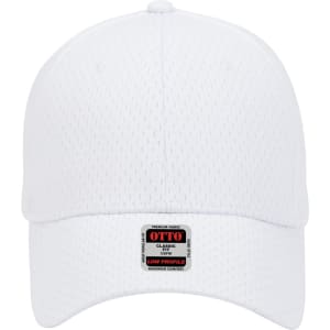 A white 6 panel low profile baseball cap with mesh fabric and a label on the front.
