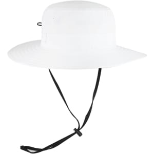 A white polyester pongee boonie hat with a wide brim and a chin strap. It features a branding logo.