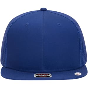A blue 6 panel mid profile trucker cap with a mesh back and a branded tag at the side.