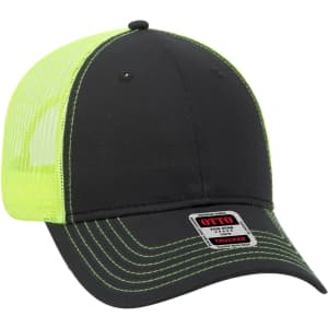 A black and neon green 6 panel low profile trucker cap with a mesh back and a logo badge on the front.
