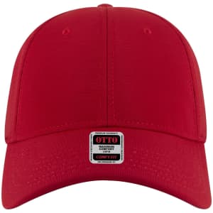 A red six-panel low-profile baseball cap featuring a logo on the front.