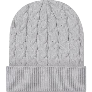 A grey cable knit beanie featuring a rib knit cuff and a logo.