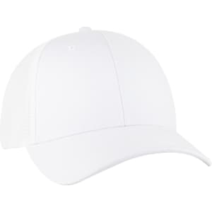 A white Flex Fit 6 Panel Low Profile Trucker Cap with a mesh back and a curved brim. Features a logo on the front.