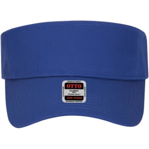 A blue sun visor with a wide brim and a brand label on the front.