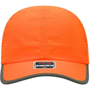 A reflective six-panel running cap in bright orange with a grey underside to the brim and a logo on the label.