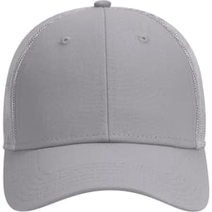 A grey 6 panel low profile trucker cap with a mesh back and a rounded crown.