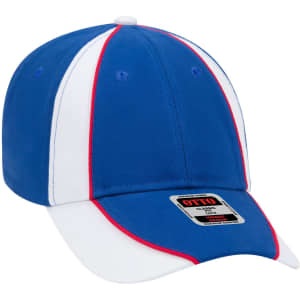 A blue and white six-panel low profile baseball cap with contrasting red stitching and a logo tag.