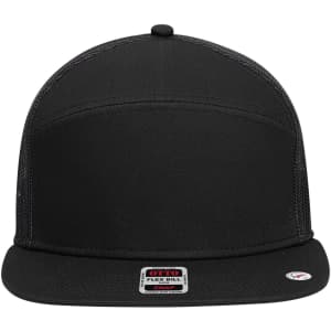 A black 7 panel trucker cap featuring a solid front and mesh back, with a logo on the front.