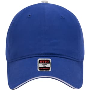 A blue 6-panel low profile baseball cap with a logo on the front.