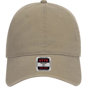 A beige 6 panel low profile dad cap with a logo and a curved brim. Features a relaxed fit design.