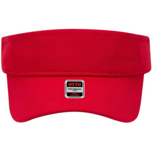 A red sun visor with a wide brim and a performance label on the front. It features a mesh design for ventilation.