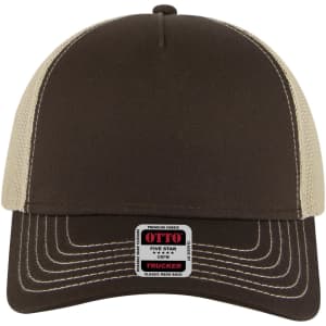 A brown 5 panel low profile trucker cap with beige mesh at the back and a logo on the front.