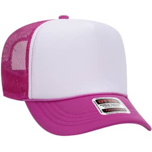 A pink and white 5 Panel High Crown Trucker Cap with a mesh back and a branded tag.