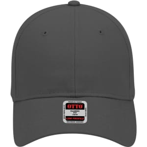 A low profile baseball cap in grey featuring a logo tag. The cap has a 6-panel design.