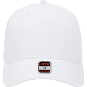 A white 5-panel low profile baseball cap with a logo on the front.