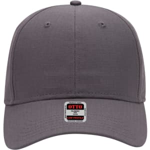 A grey 6 panel low profile baseball cap featuring a logo on the front.