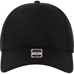 A black six-panel low profile baseball cap featuring a logo on the front.
