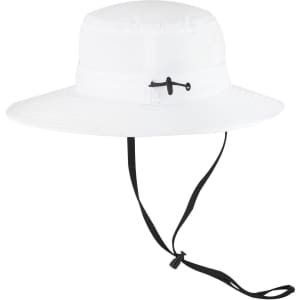 A white polyester pongee boonie hat with a wide brim and a black adjustable chin strap.