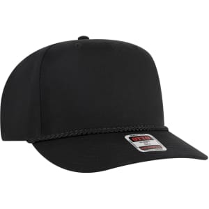 A black 5 panel mid profile baseball cap with a braided detail and a small logo on the front.