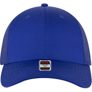 A blue 6-panel low profile trucker cap featuring a front panel and mesh back, with a logo on the front.