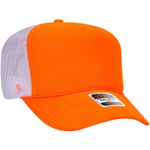 An orange five-panel high crown trucker cap with a mesh back and a logo on the front.