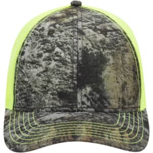 A camo 6 panel low profile baseball cap with a camouflage pattern and bright yellow mesh sides.