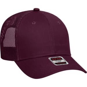 A maroon 6-panel low profile trucker cap with a mesh back and a logo on the front.
