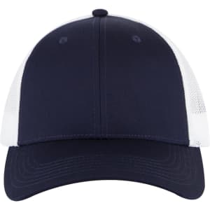 A navy blue 6 panel low profile trucker cap with a mesh back and a curved brim. Features a logo on the front.