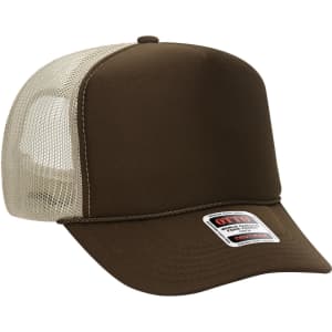 A brown high crown trucker cap with a tan mesh back and an attached logo.
