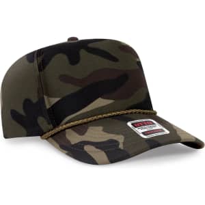 A camouflage 5 panel high crown full foam cap featuring a rope detail and a logo patch.