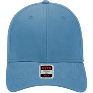 A blue 6-panel low profile baseball cap with a logo on the front and a flexible fit design.