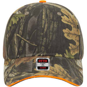 A camo-patterned, low profile six-panel baseball cap featuring shades of green, brown, and orange accents.