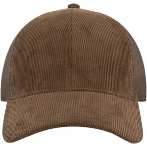 A brown 6 panel low profile trucker cap made of corduroy with a mesh back and a logo.