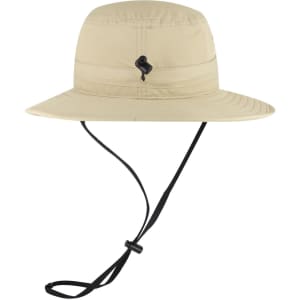 A beige polyester pongee boonie hat with a wide brim and adjustable chin strap, featuring a logo.