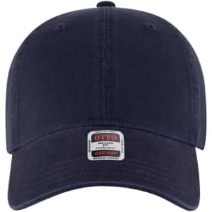 A navy six-panel low-profile dad cap with a logo on the front. Suitable for youth sizes.