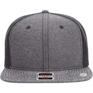 A grey 6 panel mid-profile trucker cap with mesh sides and a branded label on the front.