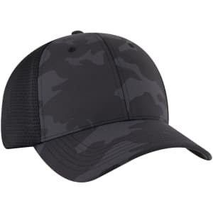 A black camo trucker cap featuring a low profile and six-panel design, with a mesh back and logo.