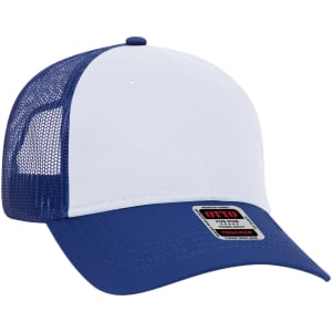 A youth-sized low profile trucker cap featuring a white front and blue mesh back, with a logo on the front.