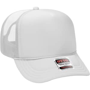 A white 5 panel high crown trucker cap featuring a mesh back and an embedded logo.
