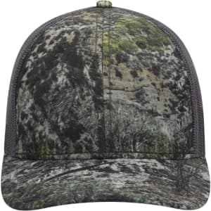 A camouflage six-panel low profile baseball cap with a mesh back and various shades of green and brown.