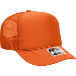 An orange 5 panel high crown trucker cap with mesh sides and a branded label on the front.