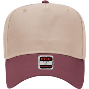 A beige and maroon 5 panel mid crown baseball cap featuring a logo on the front.