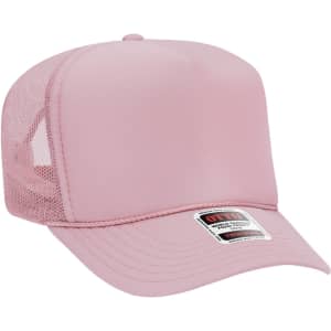 A pink 5 Panel High Crown Trucker Cap with a mesh back and a branded label.